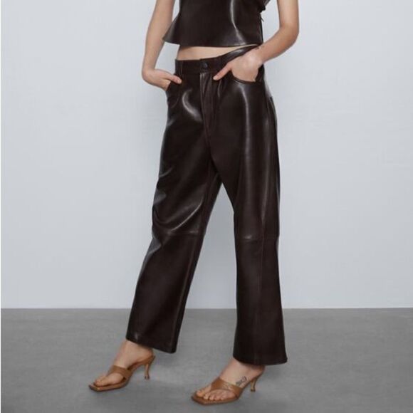 Zara Brown Genuine Leather Straight Leg Pants - Picture 1 of 11